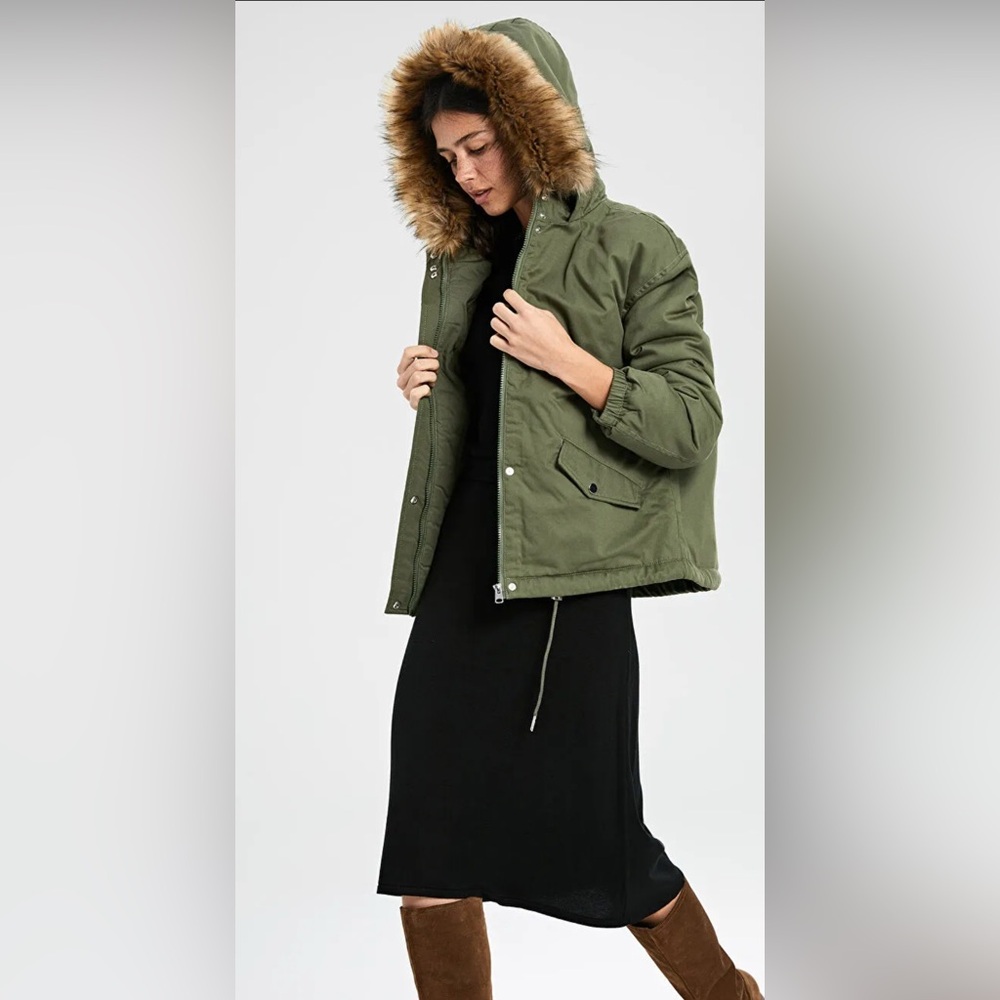 Love Tree Olive Puffer Jacket with Faux Fur Hood